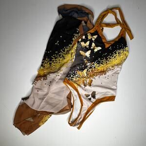 One Piece Butterfly Gold Swimsuit & Sheer Coverup New M